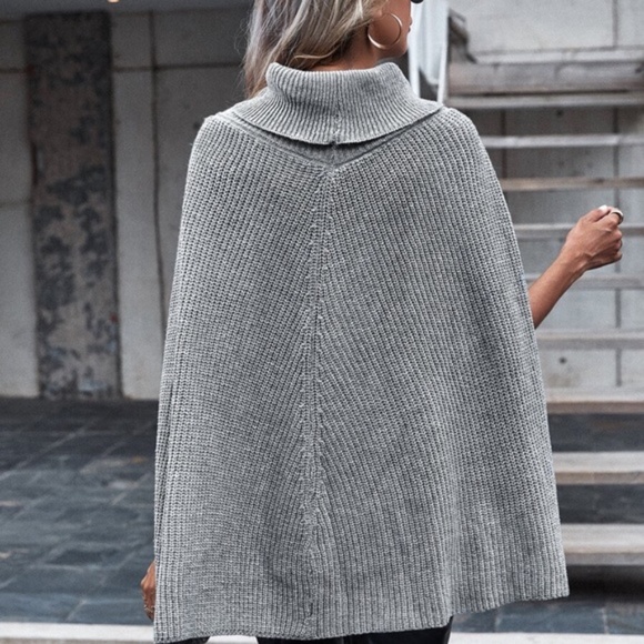 charcoal grey knit turtleneck poncho style sweater - Picture 2 of 6